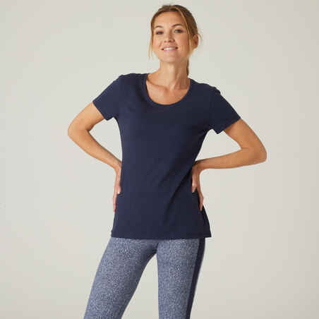 Camiseta de fitness manga corta para Mujer Domyos 100 azul oscuro