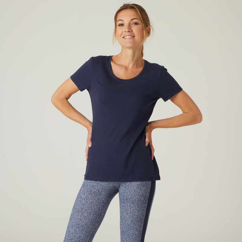T-shirt fitness manches courtes synthétique col rond femme bleu marine