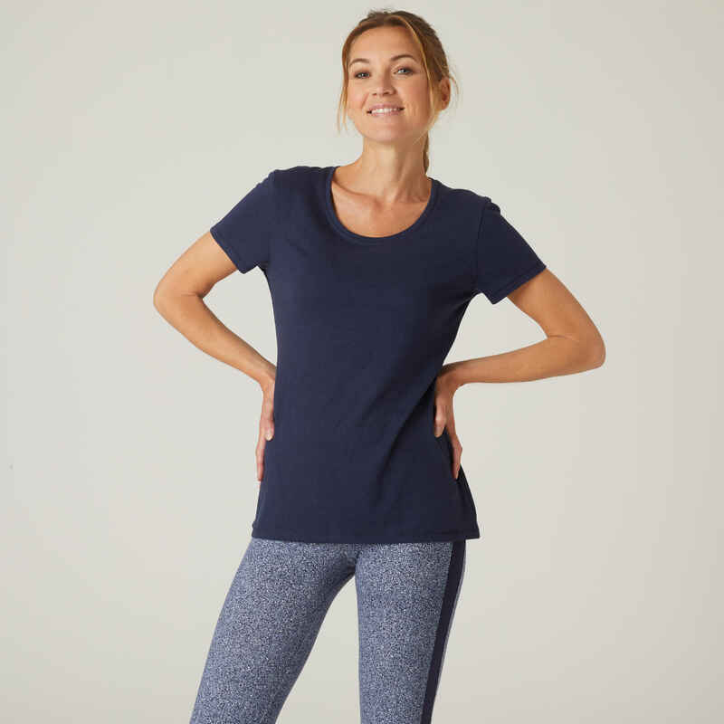 T-Shirt Slim Fitness Synthetik Rundhals Damen marineblau 