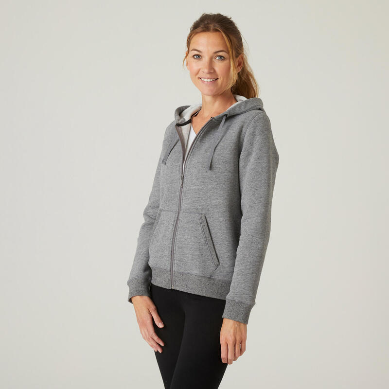 Fitness hoodie met rits voor dames 500 grijs