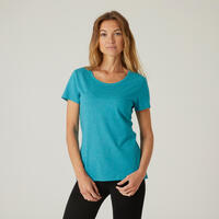 T-shirt fitness manches courtes coton extensible col rond femme turquoise
