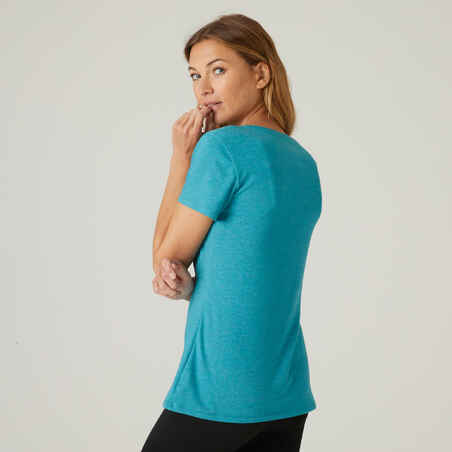 Camiseta fitness manga corta cuello redondo algodón extensible Mujer turquesa