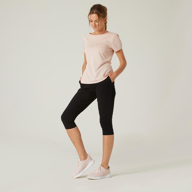 Pantaloni donna fitness FIT+ 500 regular cotone leggero neri