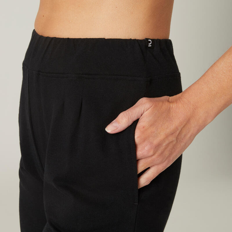Leggings mallas fitness corsario corte ajustado algodón Mujer Domyos Fit+ negro