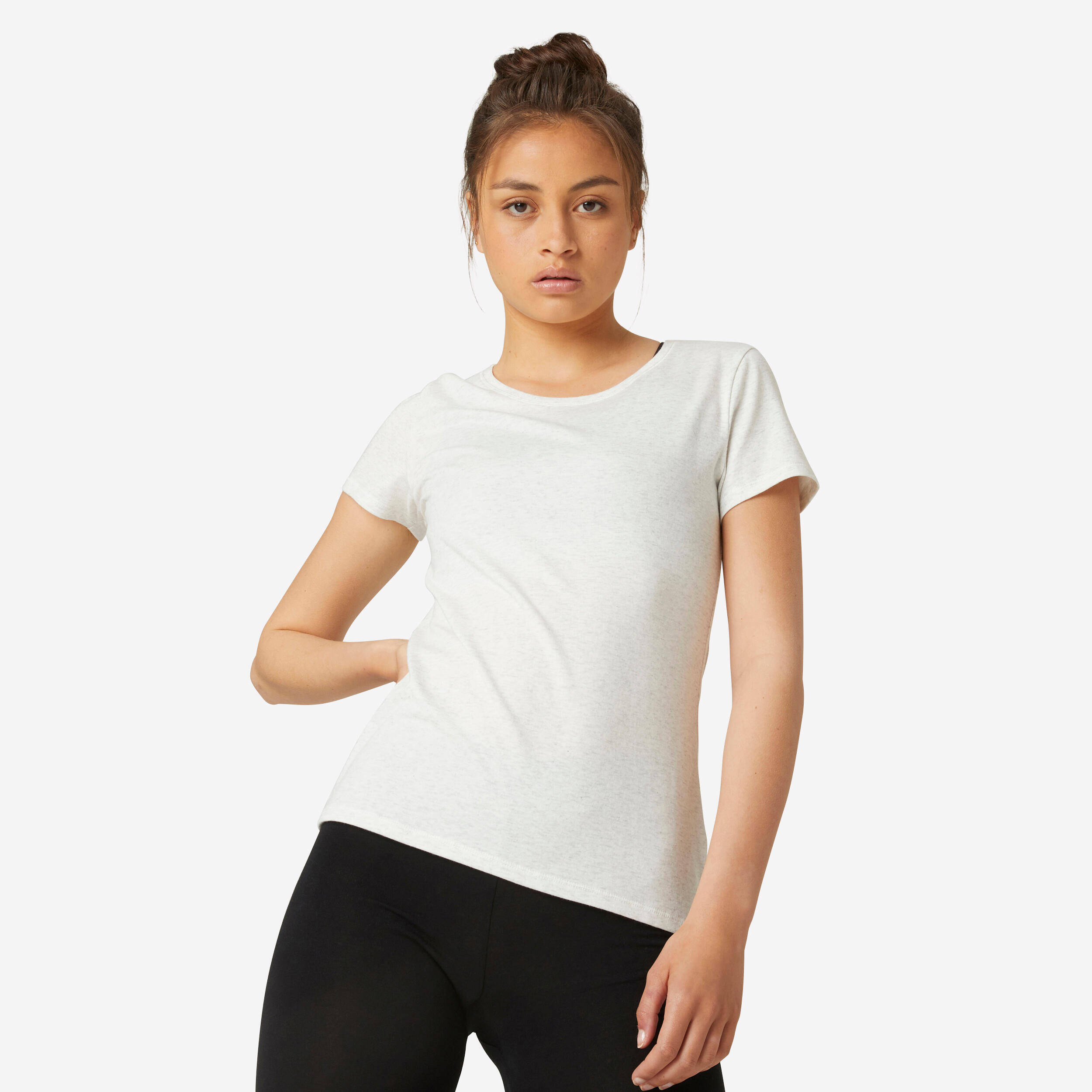 Women's Cotton Gym T-Shirt Regular-Fit 500 - Mottled White -  1