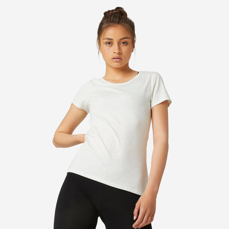 T-shirt voor fitness dames 500 katoen ronde hals gemêleerd wit