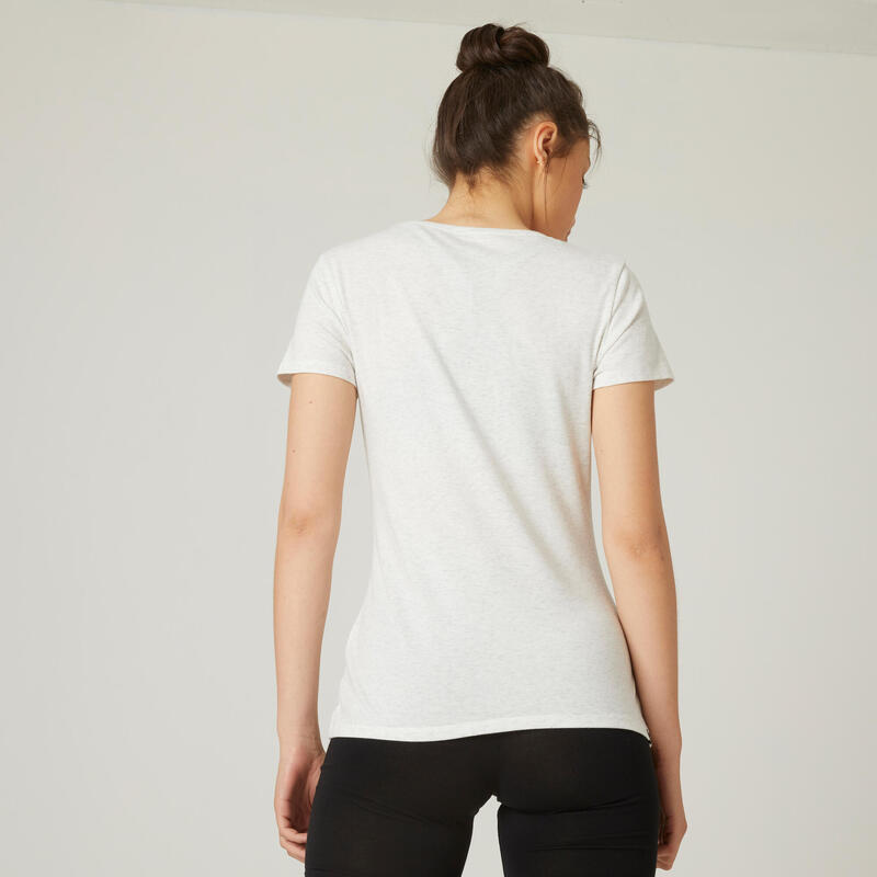 T-shirt fitness manches courtes col rond coton femme - 500 blanc chiné