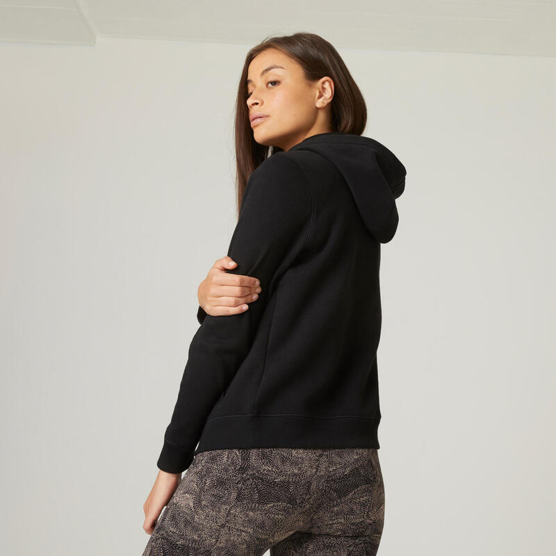 Sweat zippé à capuche fitness femme - 500 Noir