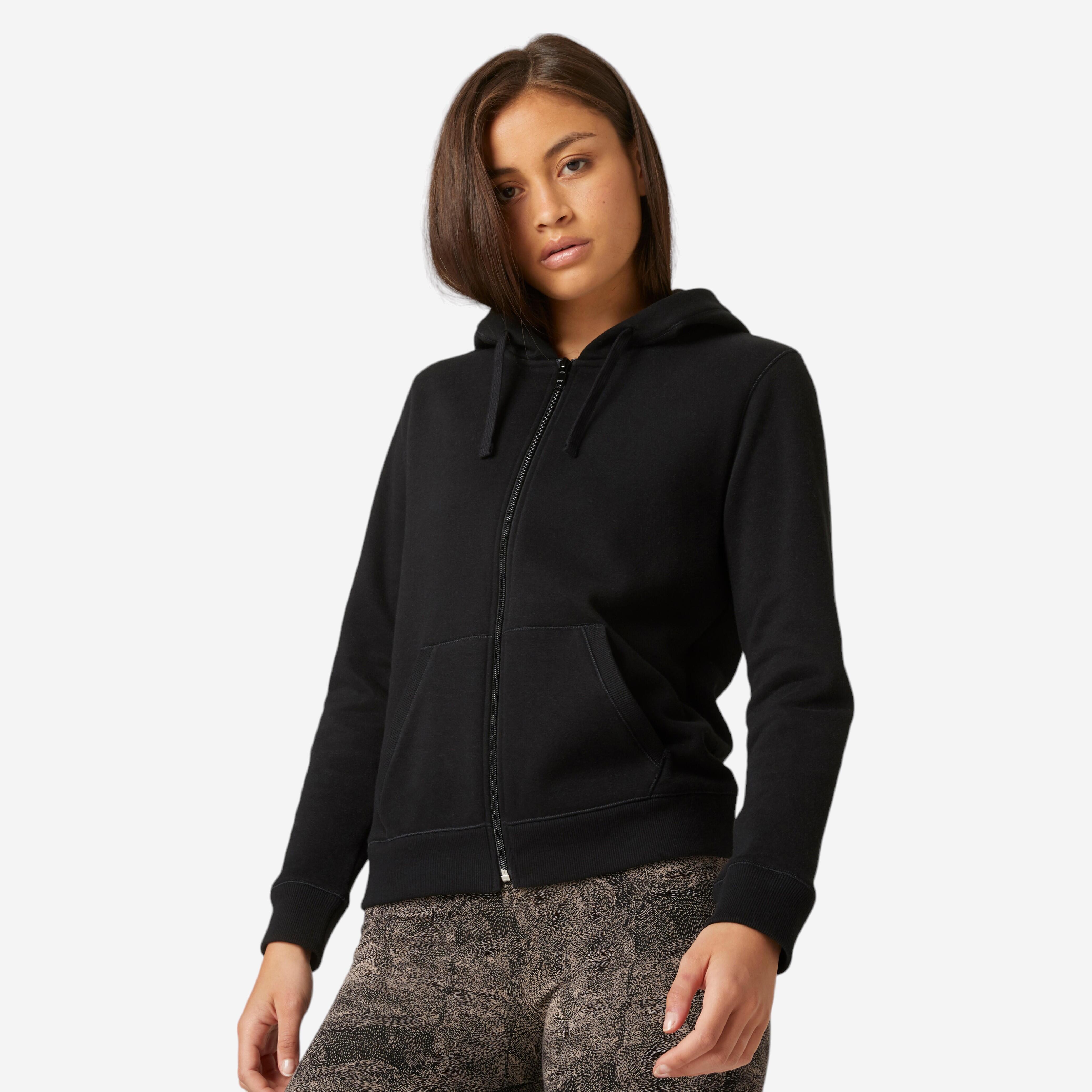 Felpa fitness da donna con cappuccio e zip - 500 Nero