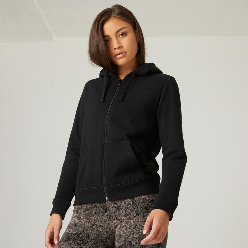Fitness hoodie met rits voor dames 500 zwart