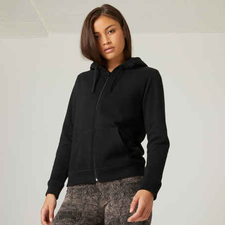 Sweat zippé à capuche fitness femme - 500 Noir