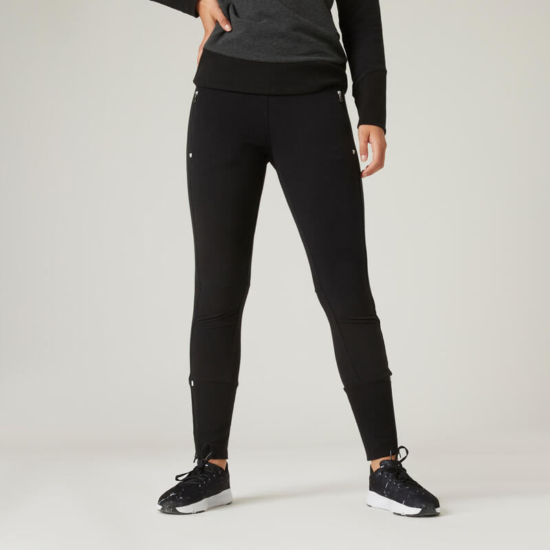 Pantalon jogging Fitness bas de jambe zippé Slim Noir