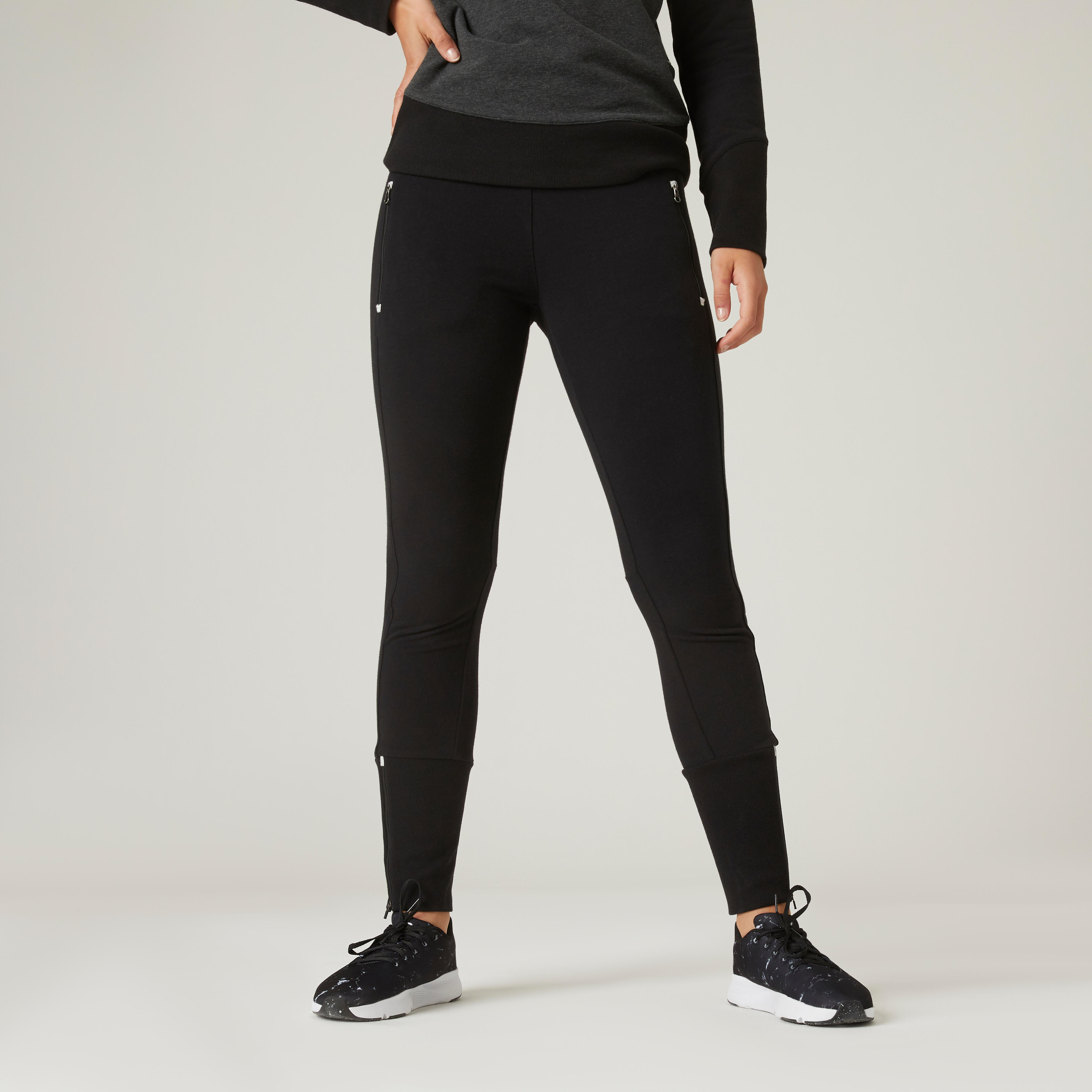 Pantaloni donna fitness 520 slim misto cotone zip alla caviglia neri DOMYOS  | DECATHLON