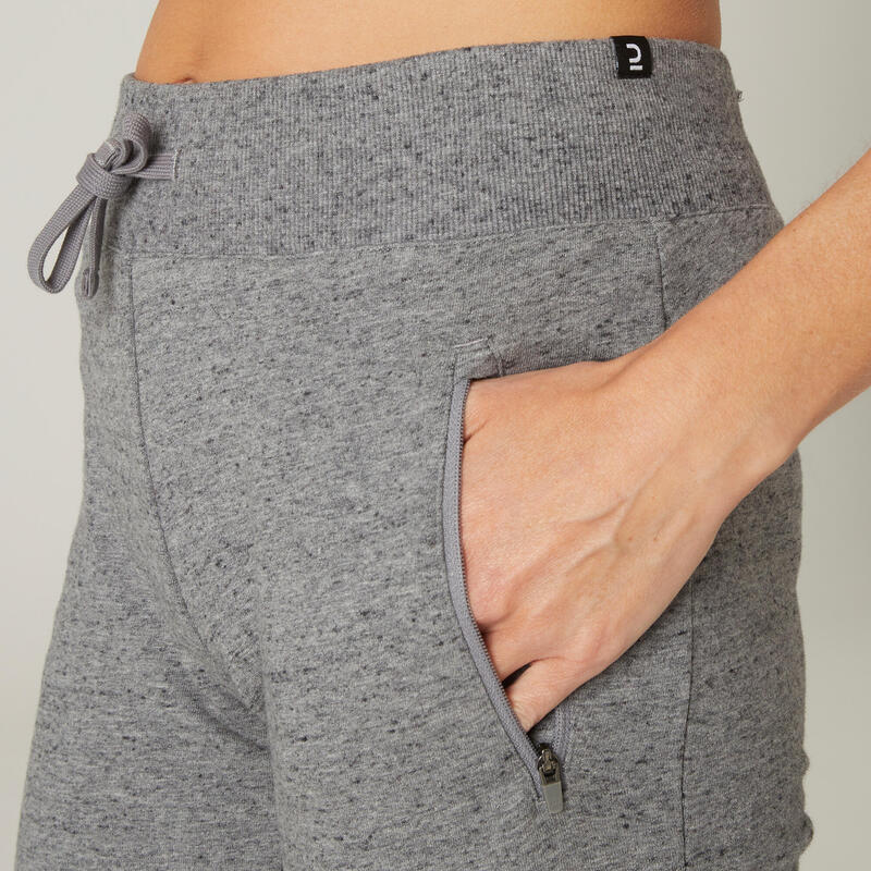 Pantaloni donna fitness 510 slim misto cotone felpati tasche con zip grigi