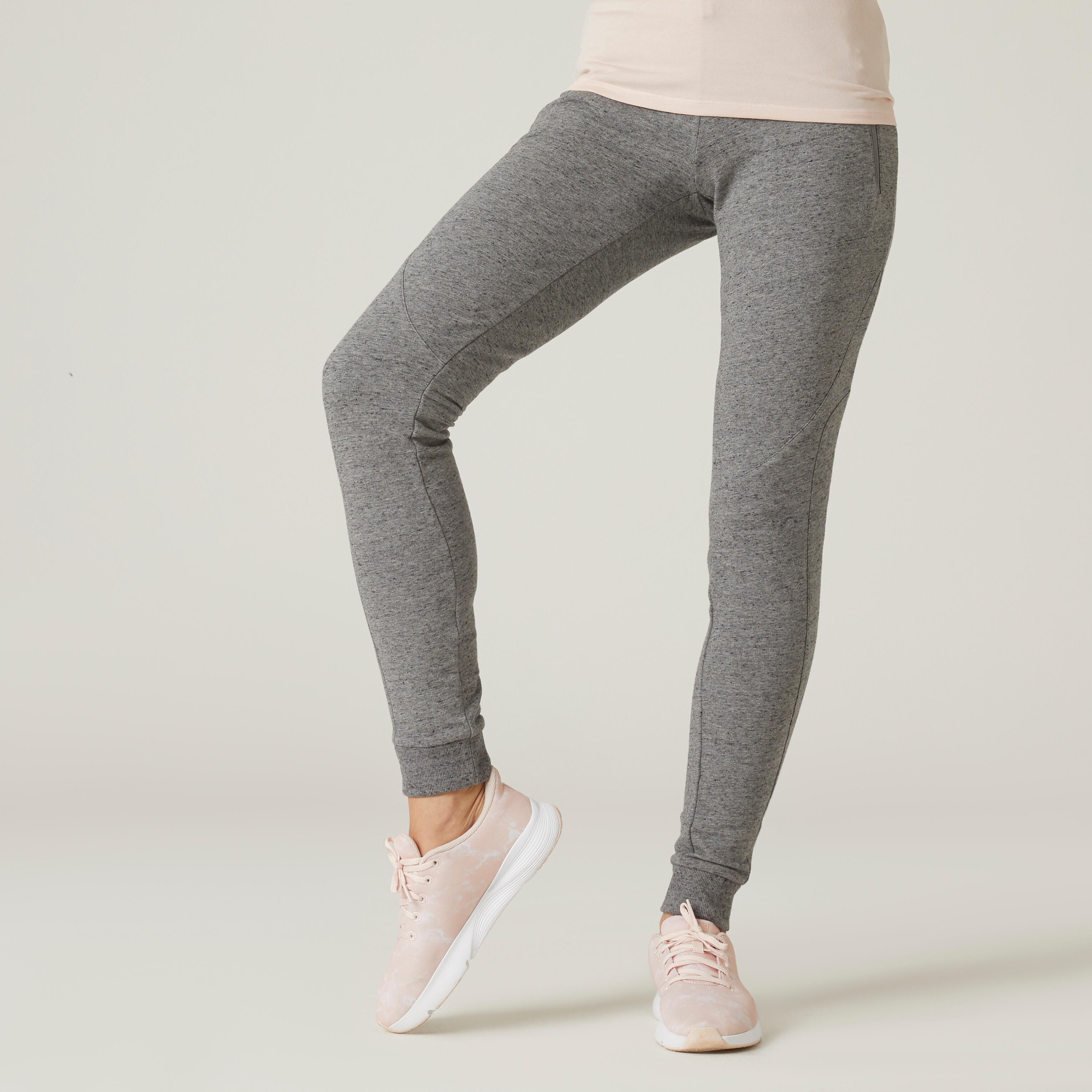 DOMYOS Joggingbroek voor fitness dames hoog aandeel katoen aansluitend  model zak met rits 520 | Decathlon