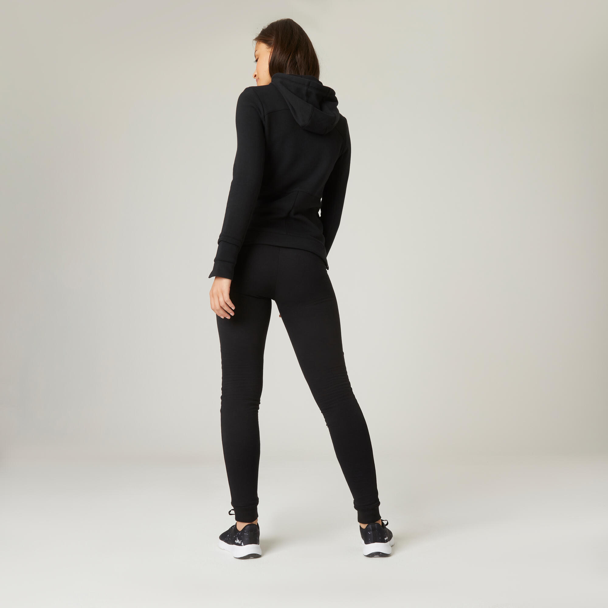 Pantaloni donna fitness 510 slim misto cotone felpati tasche con zip neri  DOMYOS | DECATHLON