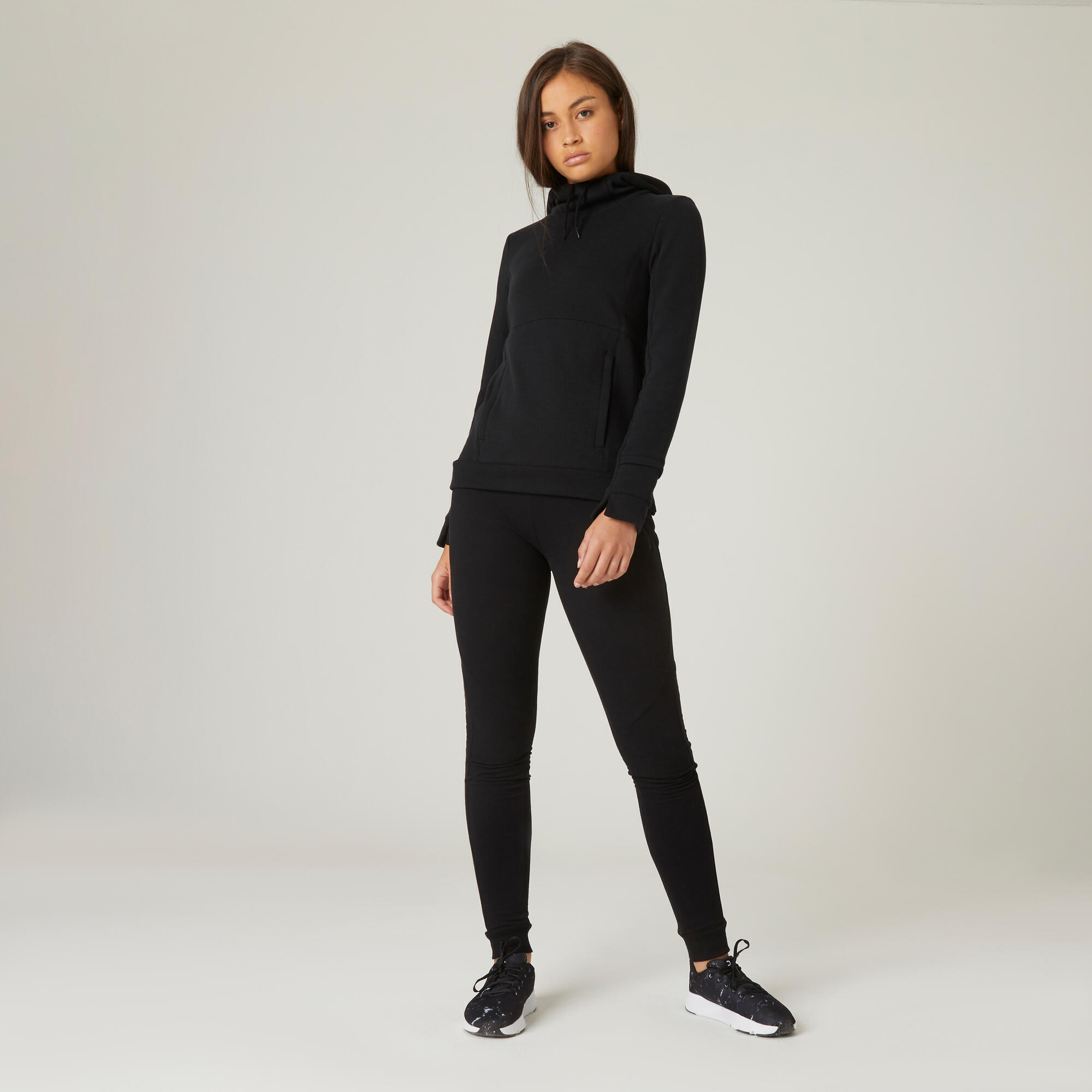 Pantaloni donna fitness 510 slim misto cotone felpati tasche con zip neri  DOMYOS | DECATHLON
