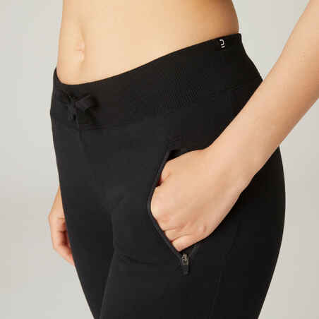 Pantalón jogger fitness ajustado de algodón con bolsillos Mujer Domyos 520 negro