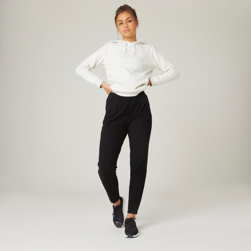 Pantalon jogging fitness femme coton majoritaire coupe droite - 100 noir