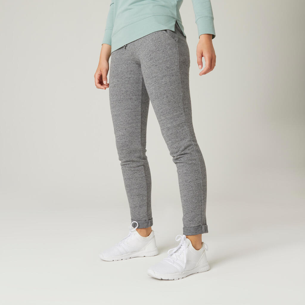 Women's Fitted Organic Cotton Jogging Fitness Bottoms 500 - Grey