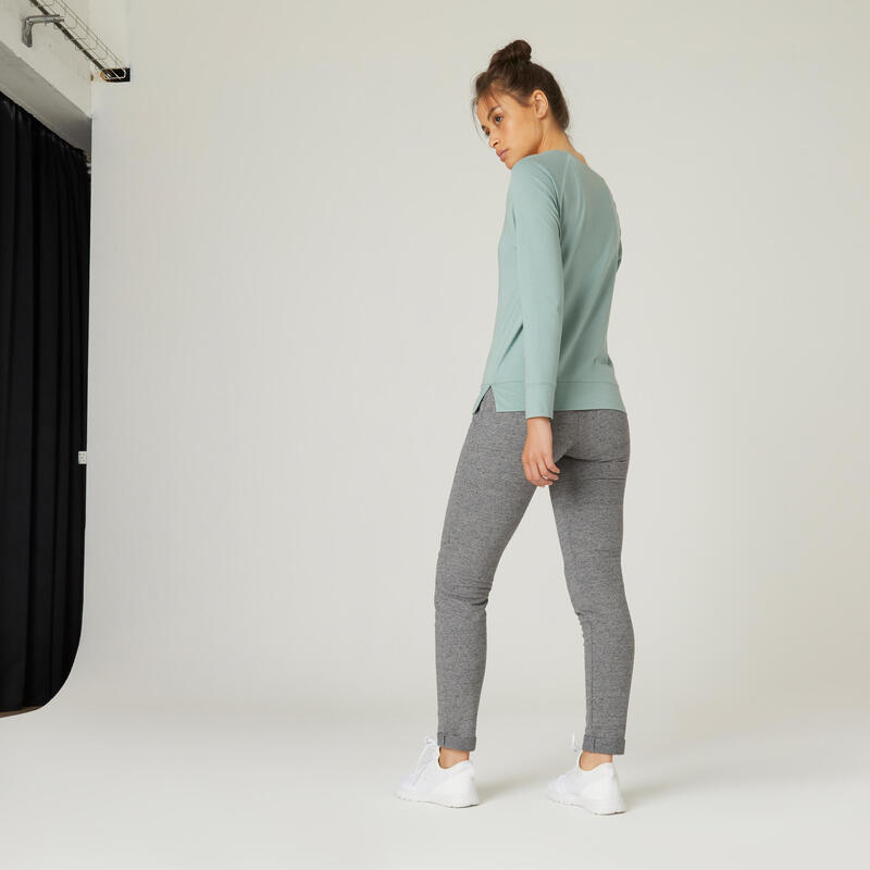 Pantalon jogging fitness femme coton bio ajusté - 500 gris