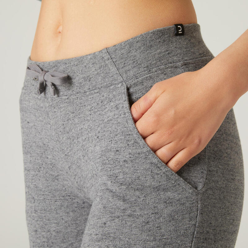 Pantaloni donna fitness 500 slim misto cotone grigi