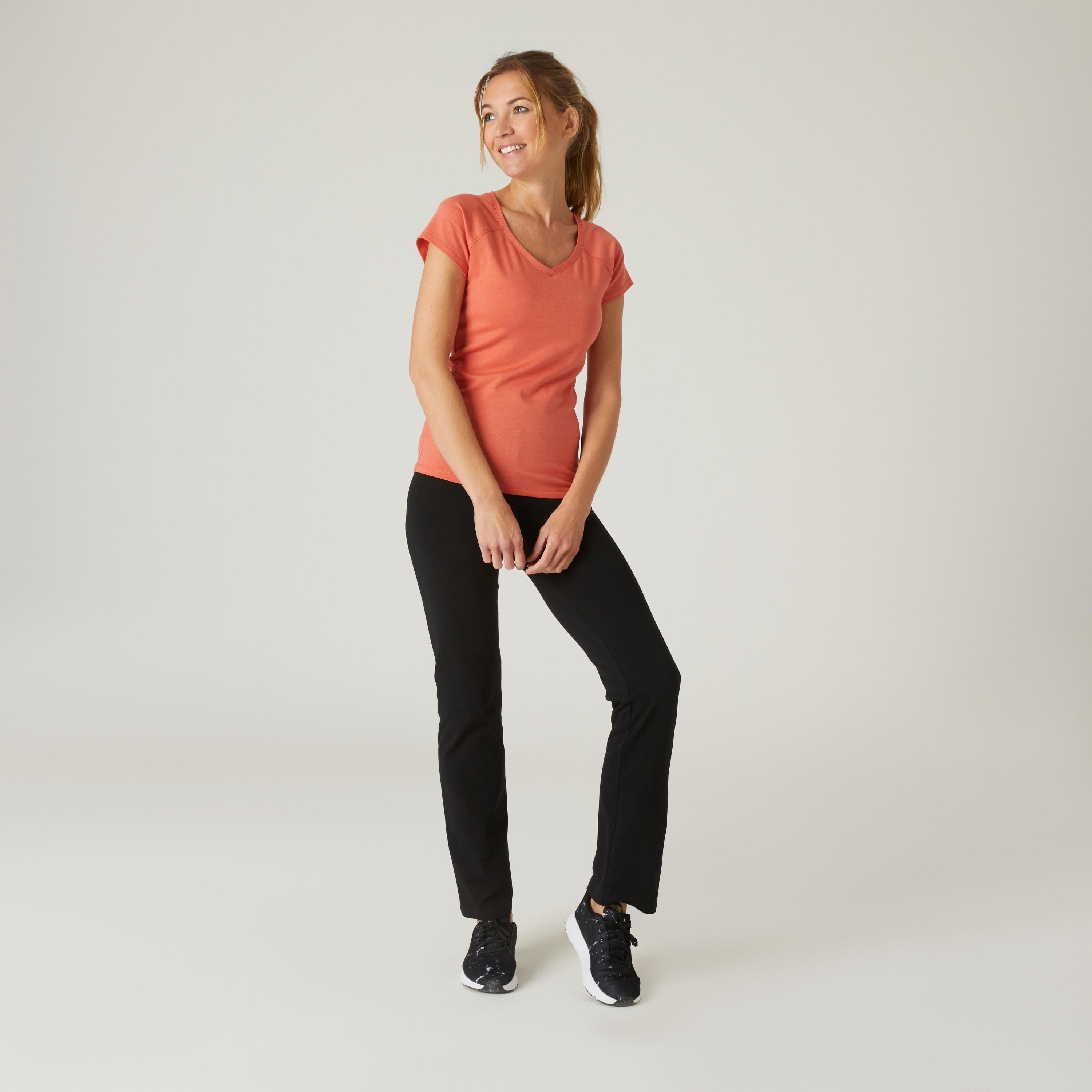 Pantaloni donna fitness COMFORT+ 500 regular cotone leggero neri 10/16