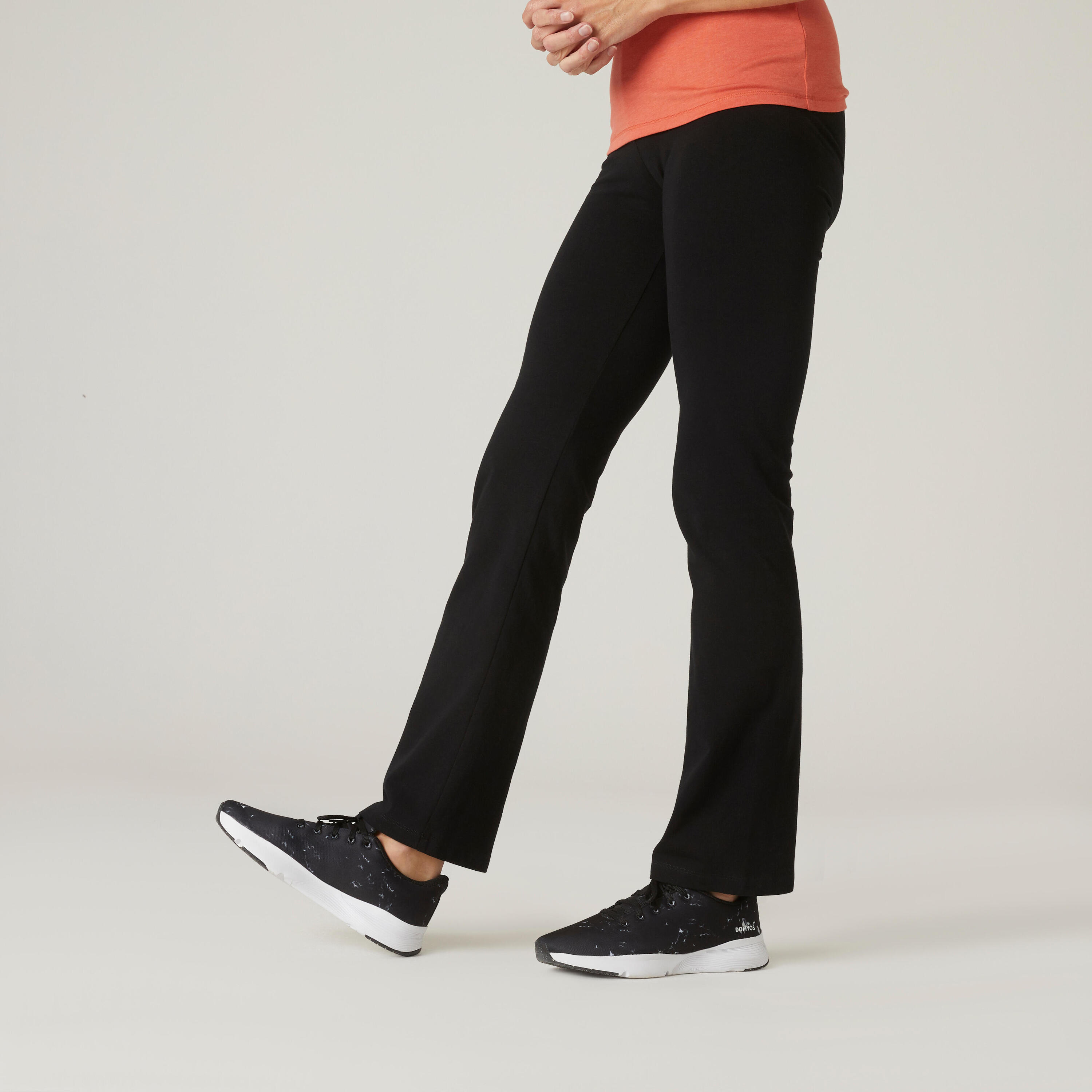 Pantaloni donna fitness COMFORT+ 500 regular cotone leggero neri 6/16