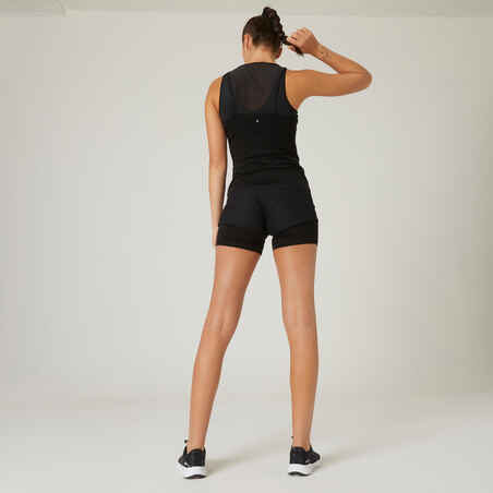 Γυναικείο βαμβακερό κοντό κολάν, εφαρμοστό / ίσια γραμμή, 2 σε 1 για Fitness 900 με τσέπη κλειδιών - Μαύρο