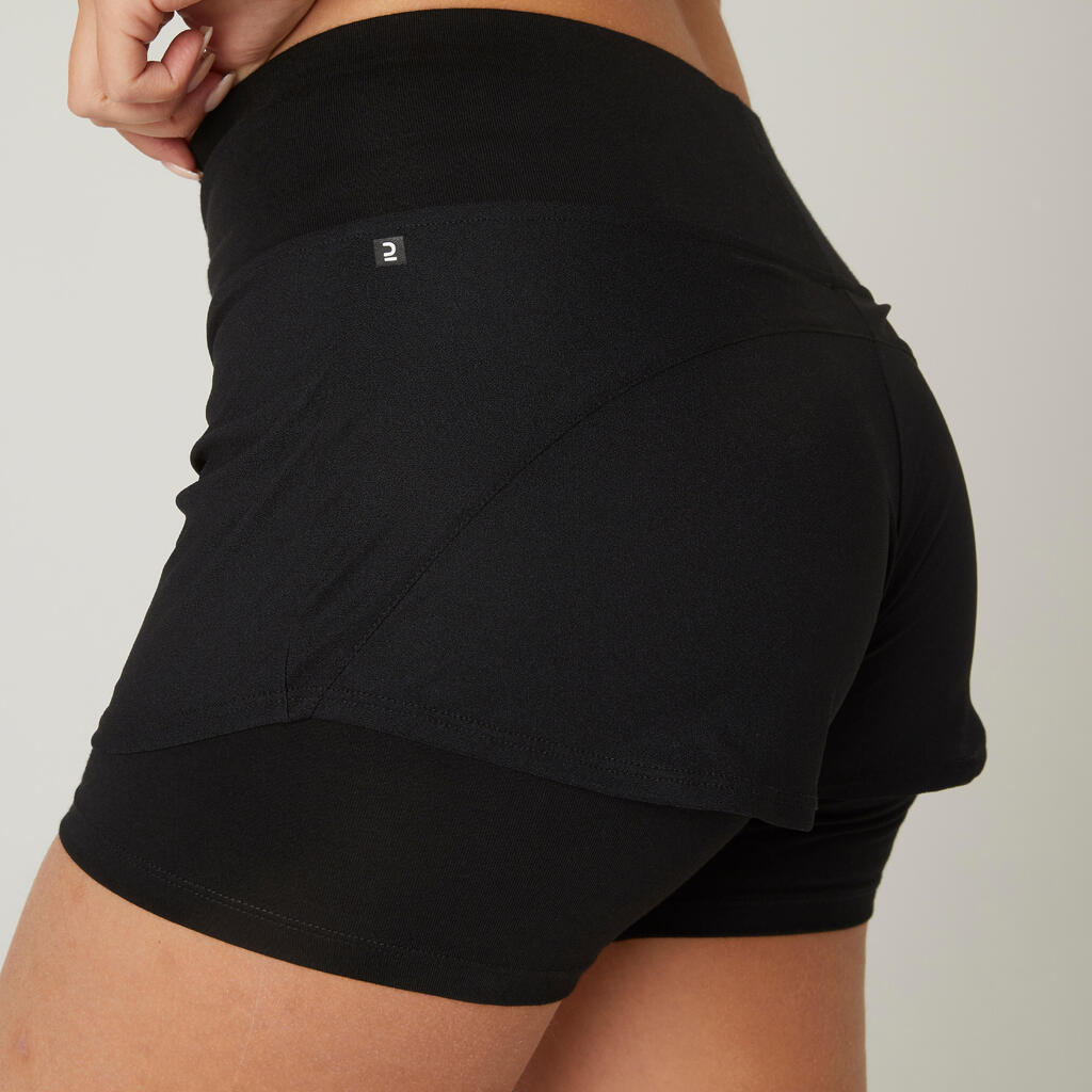 Women's 2-in-1 Slim / Straight-Cut Cotton Fitness Shorts 900 With Key Pocket - Black