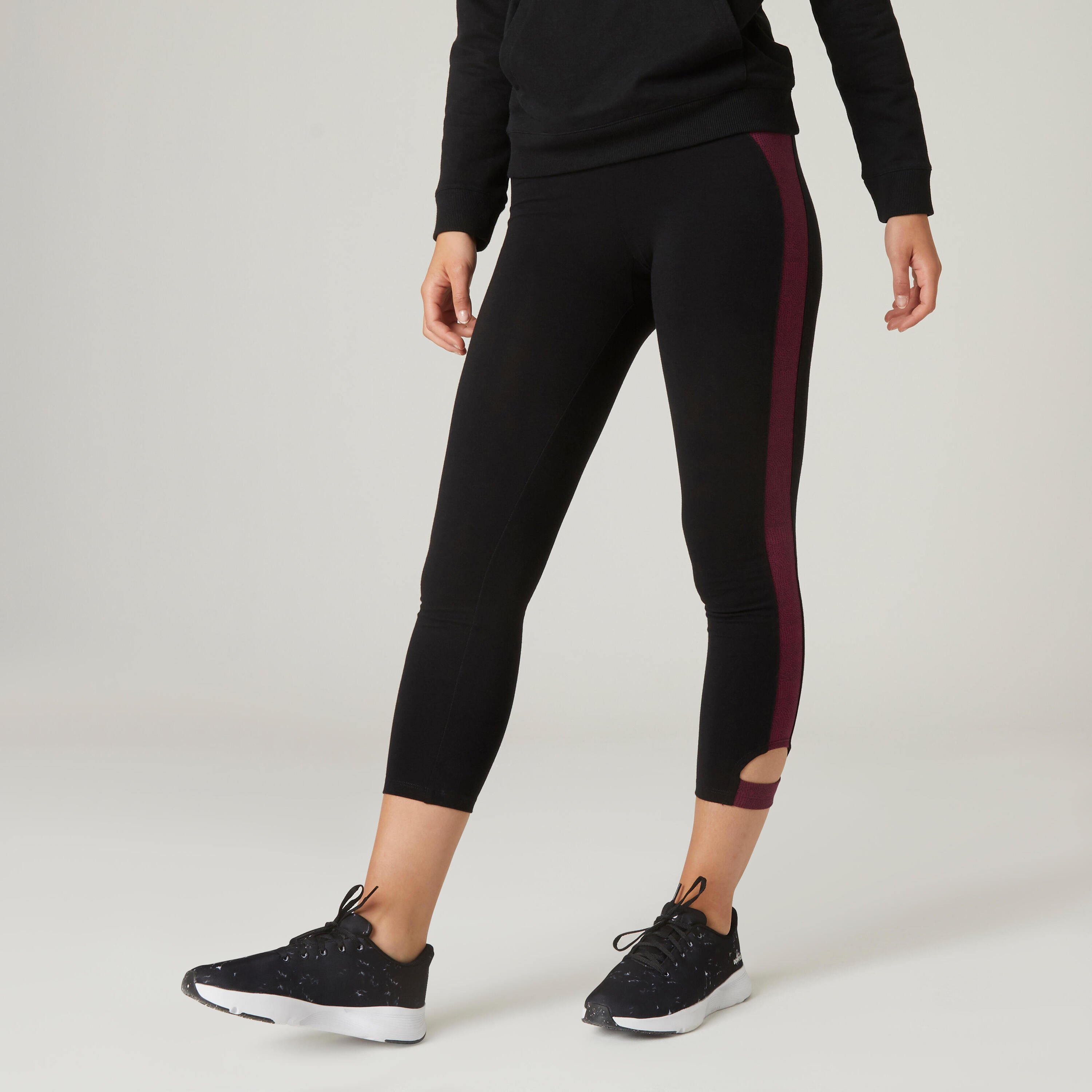 Short Stretchy Cotton Fitness 7/8 Leggings - Black/Burgundy 1/6