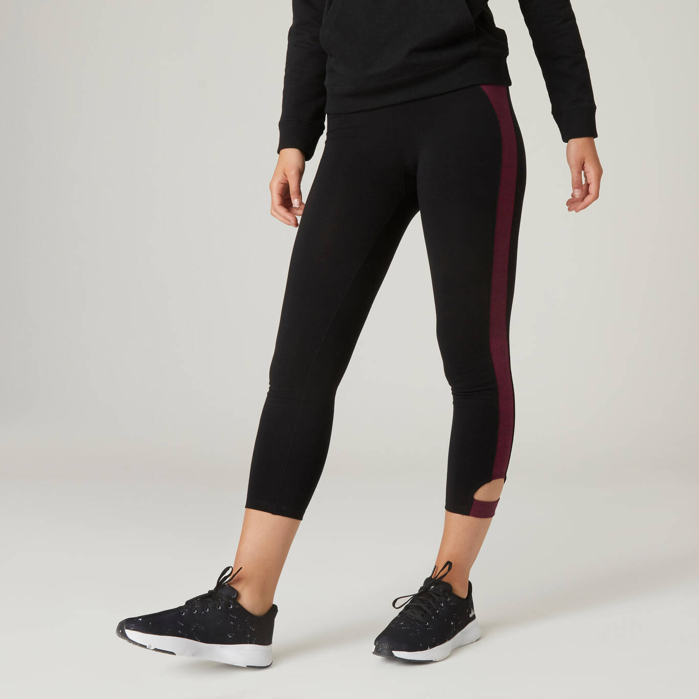 Legging 7/8 Pendek Katun Lentur untuk Fitness - Hitam/Burgundy