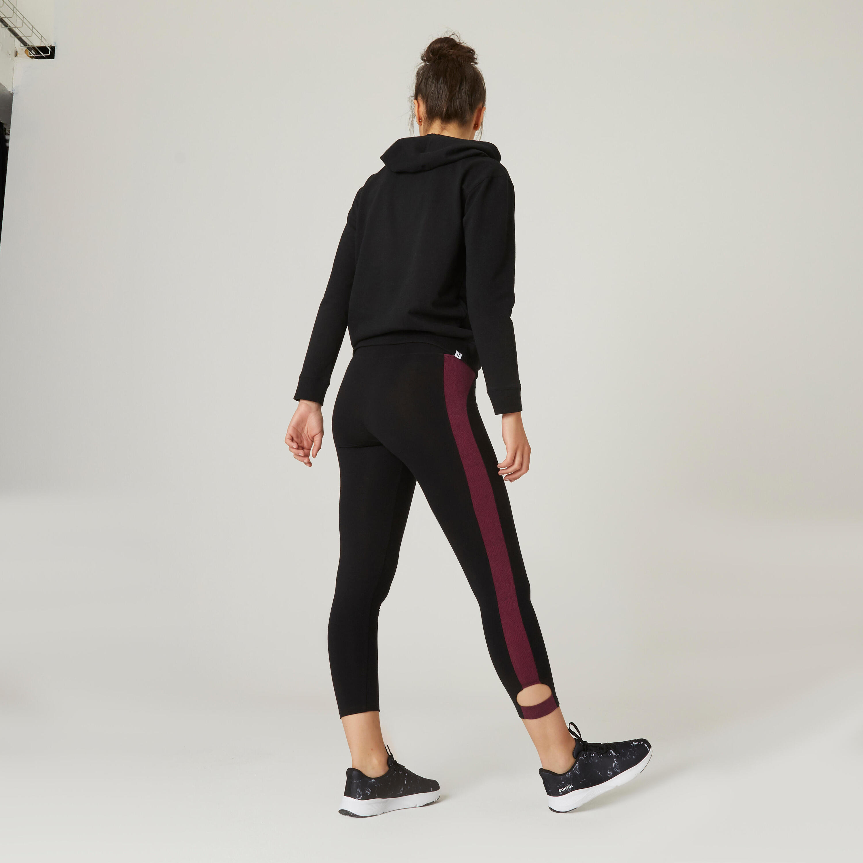 Short Stretchy Cotton Fitness 7/8 Leggings - Black/Burgundy 2/6