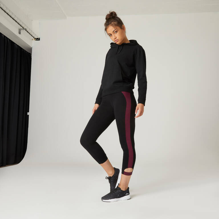 Legging 7/8 Pendek Katun Lentur untuk Fitness - Hitam/Burgundy