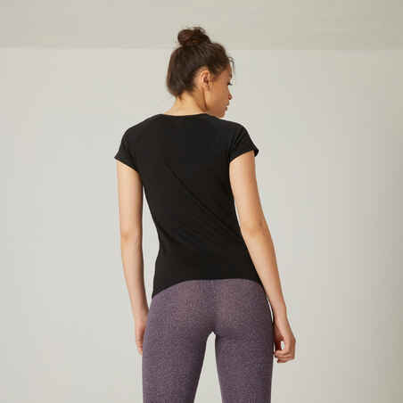 T-Shirt Fitness 500 kurzarm Slim V-Ausschnitt Baumwolle dehnbar Damen schwarz 