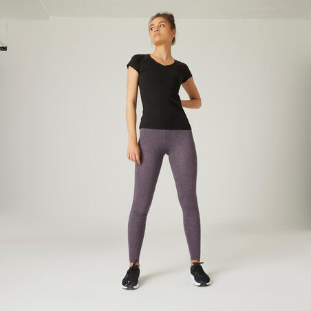T-shirt fitness manches courtes slim col V coton femme noir