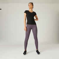 T-Shirt Fitness 500 kurzarm Slim V-Ausschnitt Baumwolle dehnbar Damen schwarz 