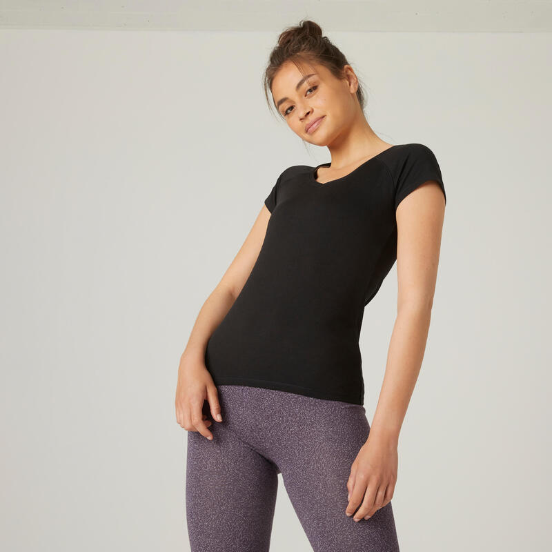 Women's Short-Sleeved Slim-Fit V-Neck Stretchy Cotton Fitness T-Shirt 500 - Black