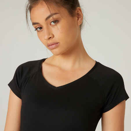 Camiseta fitness manga corta cuello pico algodón extensible Mujer negro