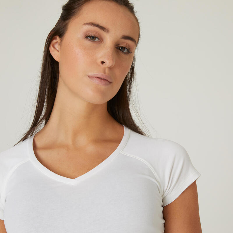T-shirt de Ginástica e Pilates 500 Slim Decote em V em Algodão Extensível Mulher Branco