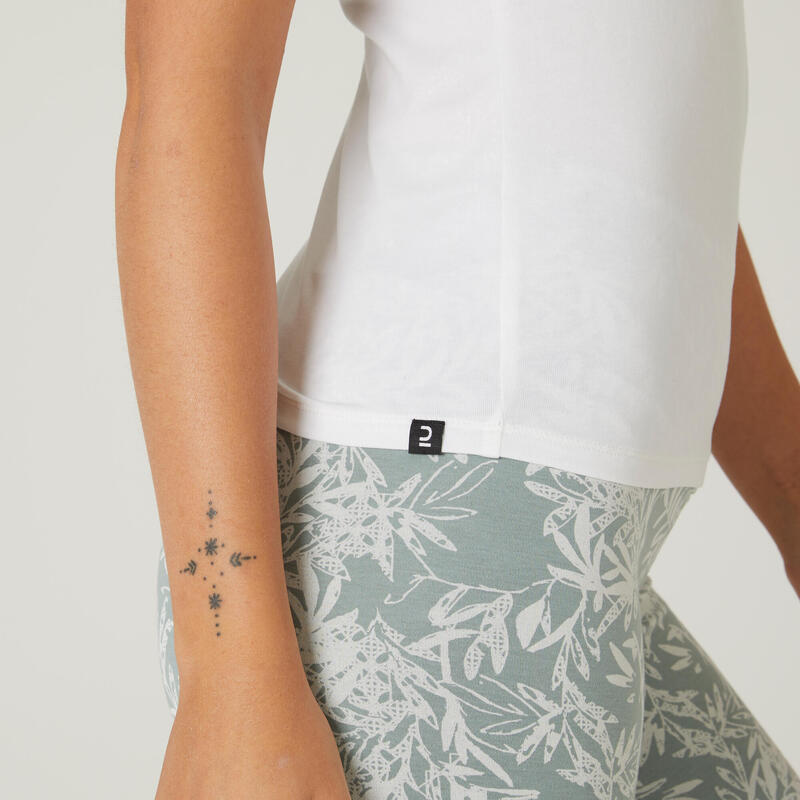 T-shirt de Ginástica e Pilates 500 Slim Decote em V em Algodão Extensível Mulher Branco