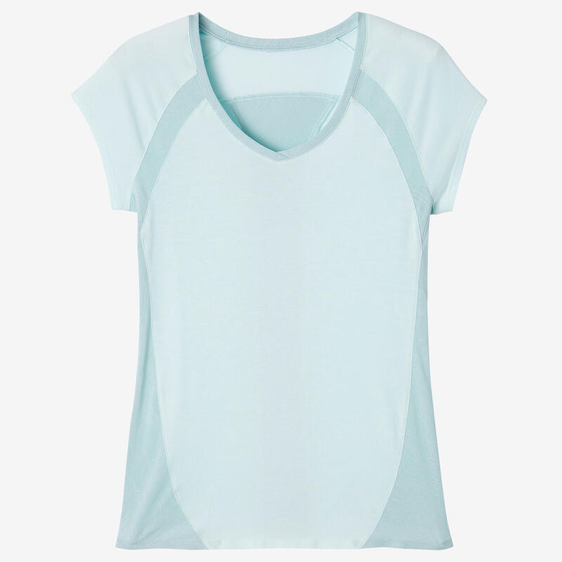 T-shirt fitness manches courtes slim coton extensible col en V femme vert