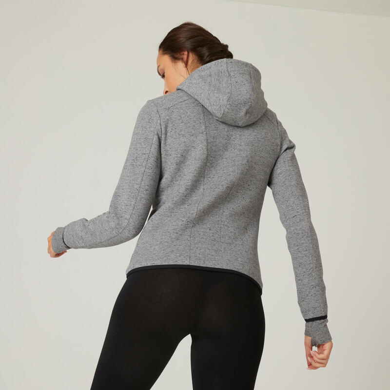 Felpa donna fitness 560 misto cotone pesante con cappuccio e zip grigia