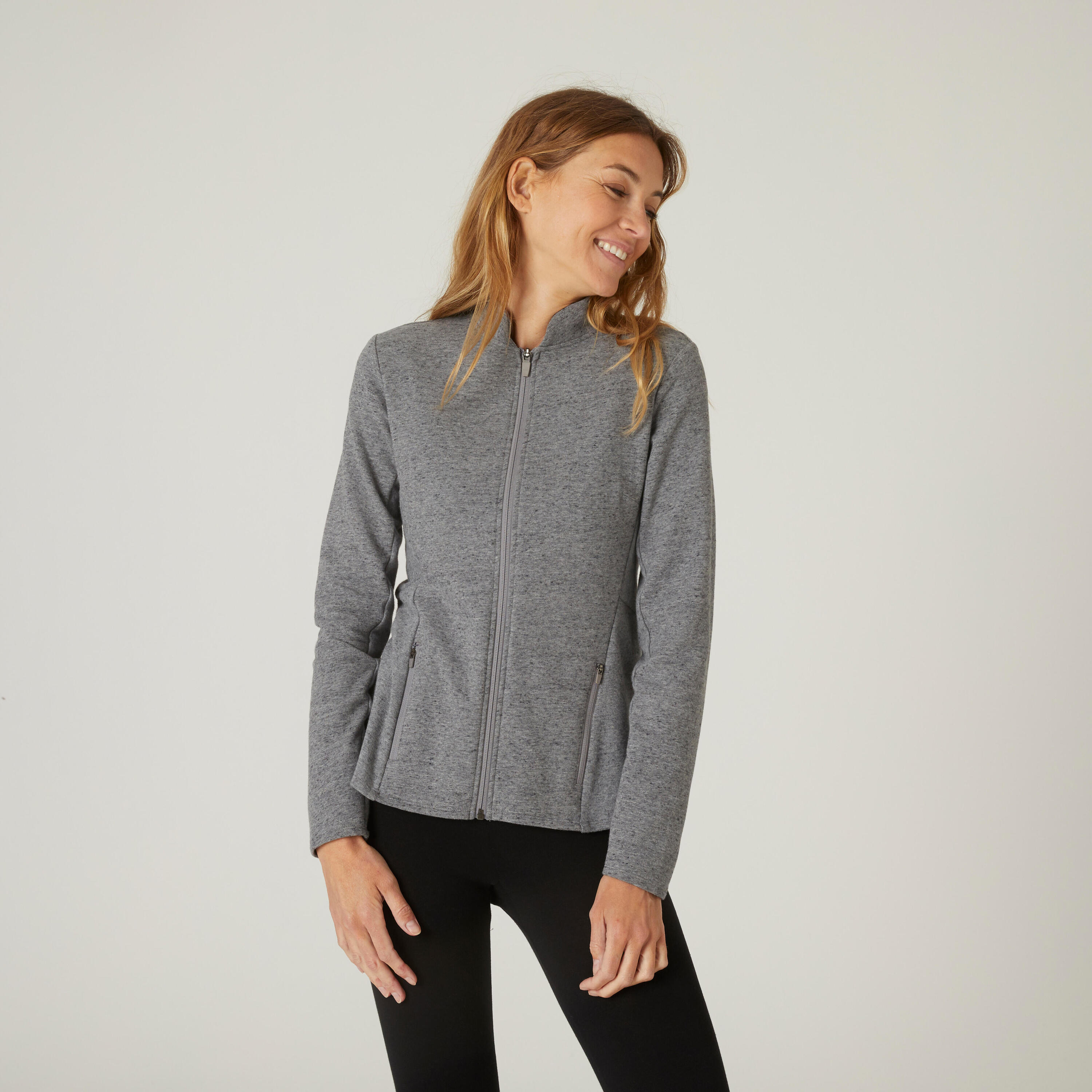 Women's Fitted High Neck Zipped Sweatshirt With Pocket 520 - Grey 1/7