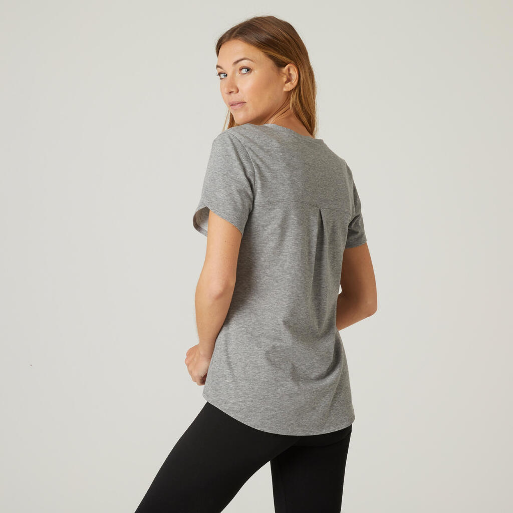 Women's Short-Sleeved Straight-Cut V-Neck Cotton Fitness T-Shirt 515 - Grey