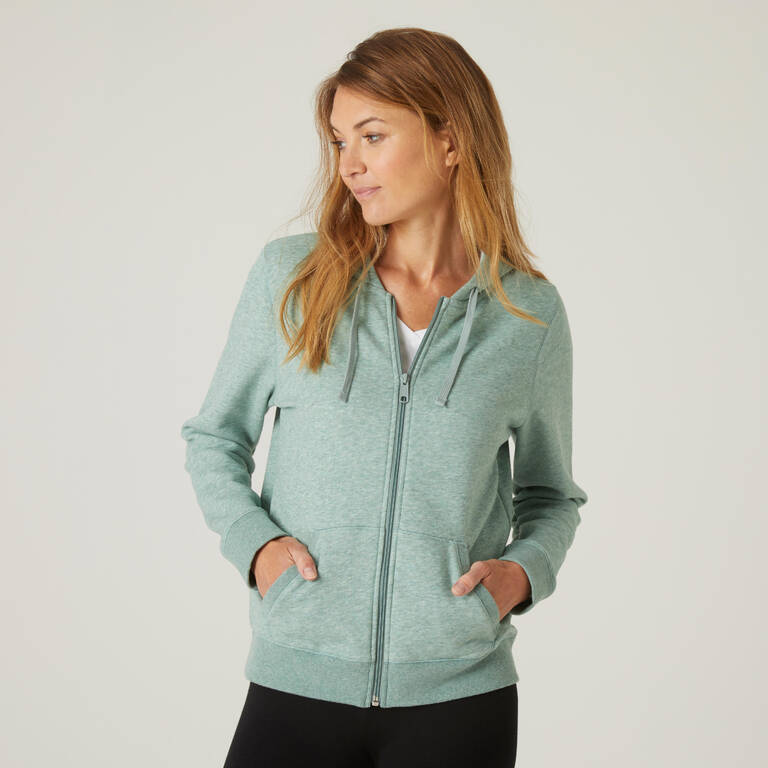 Women's Sweatshirt Jacket with Hood Fleece Lined 500-Khaki