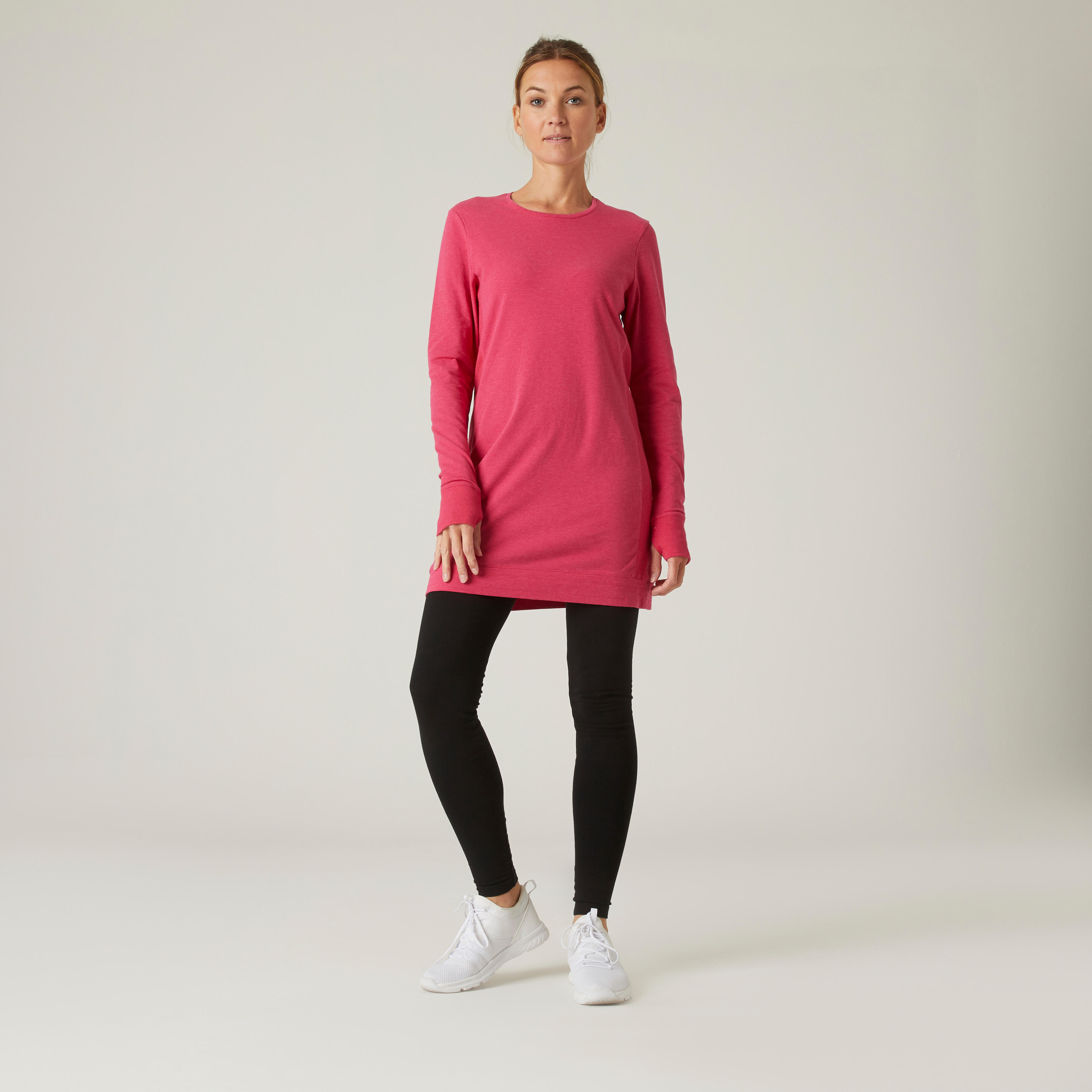 T shirt fitness manches longues slim coton extensible col rond femme rose Decathlon