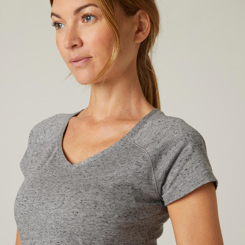 Women's Short-Sleeved Slim-Fit V-Neck Stretchy Cotton Fitness T-Shirt 500 - Grey