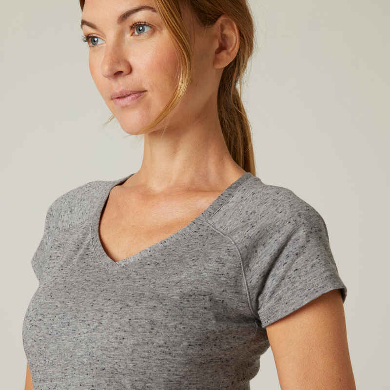 T-Shirt Fitness 500 Slim V-Ausschnitt Baumwolle Damen grau T-Shirt Fitness 500 Slim V-Ausschnitt Baumwolle Damen grau