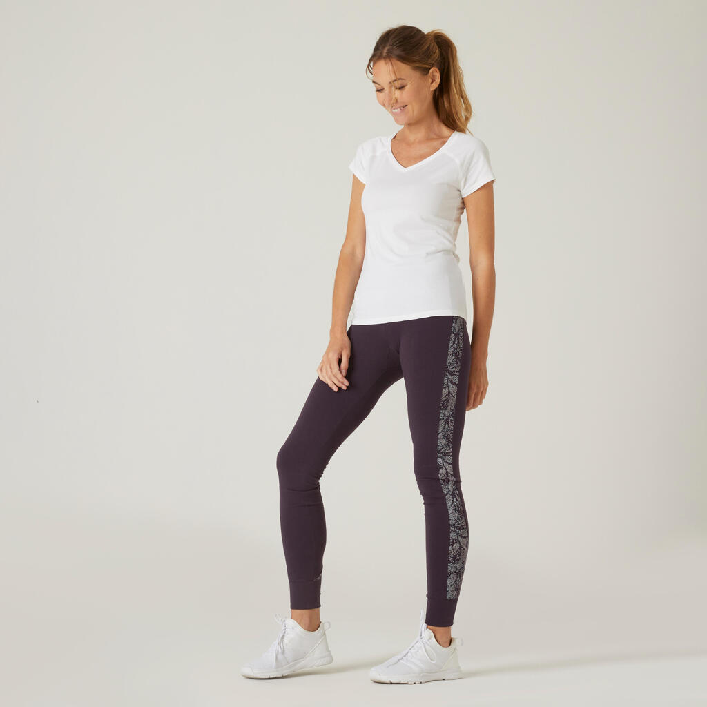 Stretchy High-Waisted Cotton Fitness Leggings - Grey with Print